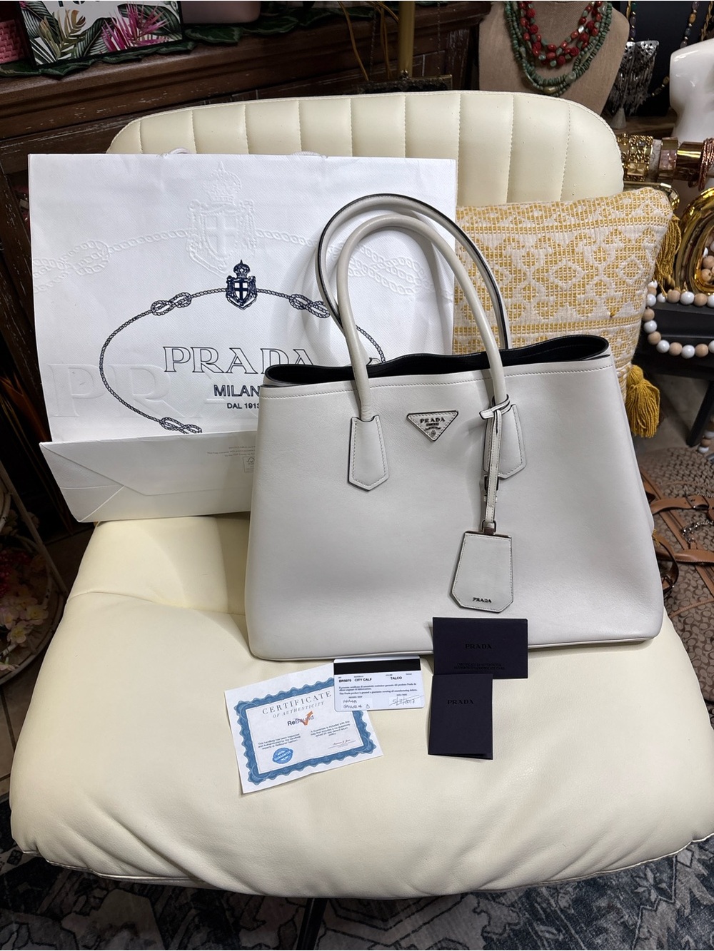 Prada City Calf Talco White Leather Tote Bag BR5070 Authenticated
